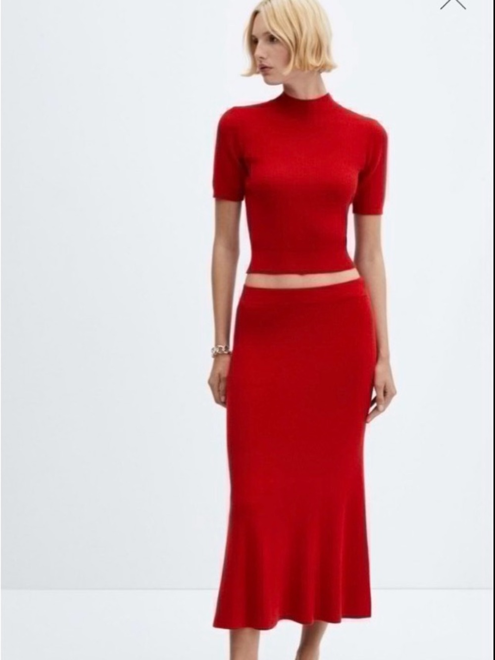 Mango Red Ribbed Sweater and Skirt Matching Set